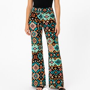 Stretchy Colorful Native American Geometric Print Women's Wide Leg Pants